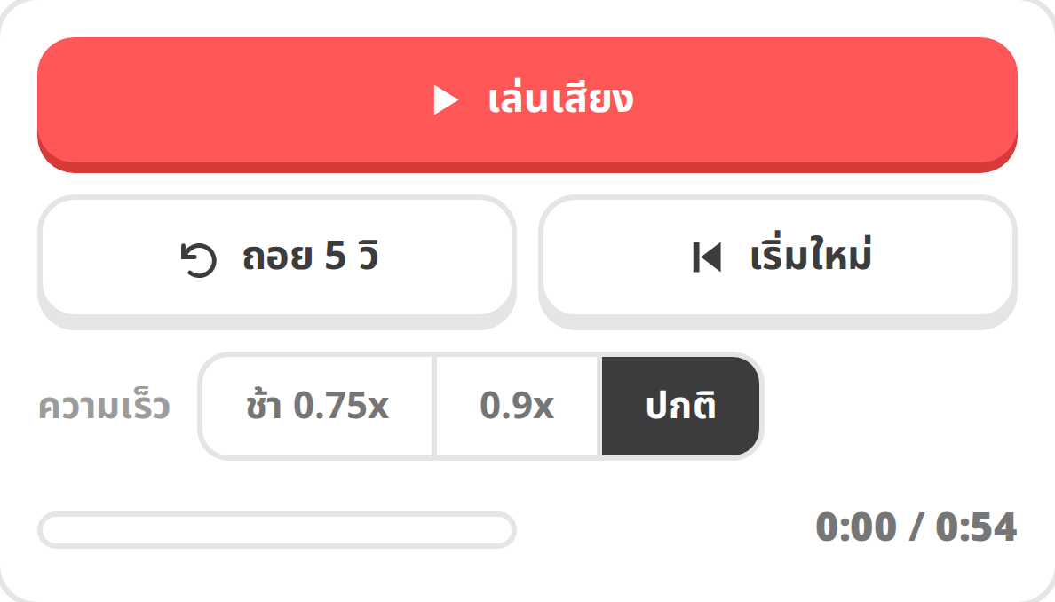 ปุ่มเล่นเสียง ถอย 5 วิ และตัวเลือกความเร็ว 0.75x 0.9x ปกติ